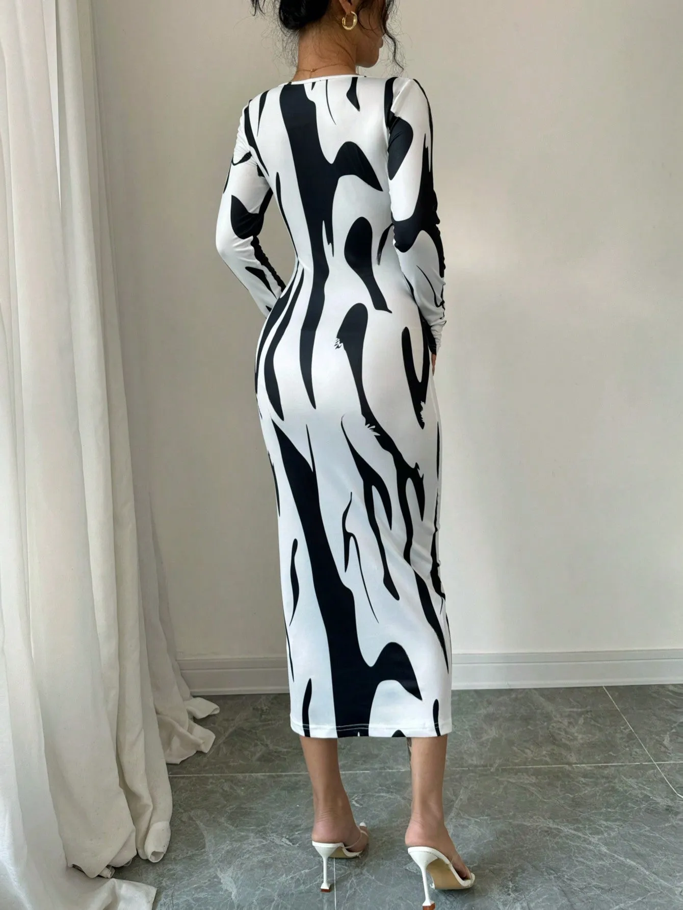 Asymmetrical Print Bodycon Long Sleeve Midi Dress For Women Maxi Women Outfit sold by Negative product image thumbnail 3