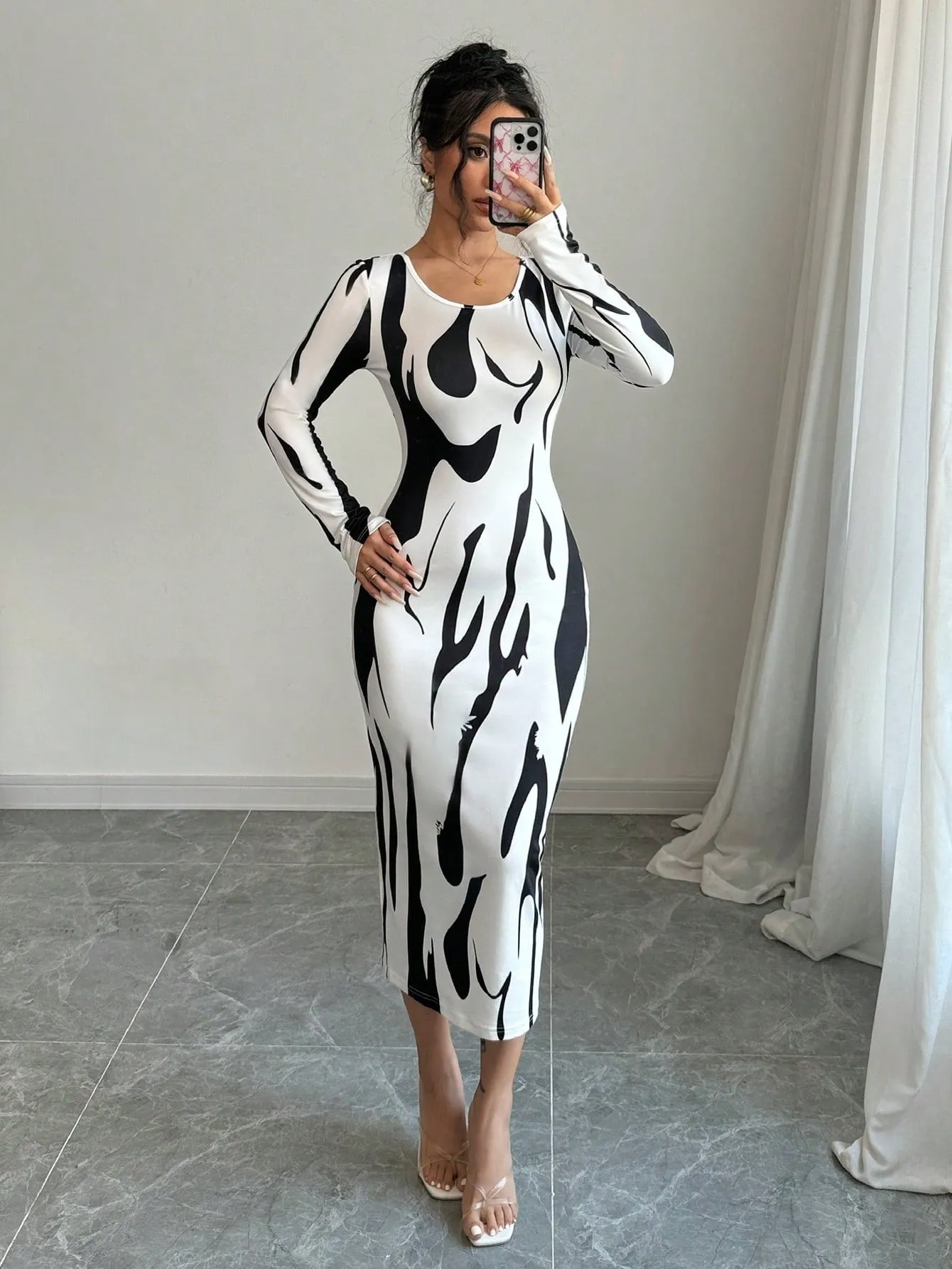 Asymmetrical Print Bodycon Long Sleeve Midi Dress For Women Maxi Women Outfit sold by Negative product image thumbnail 5
