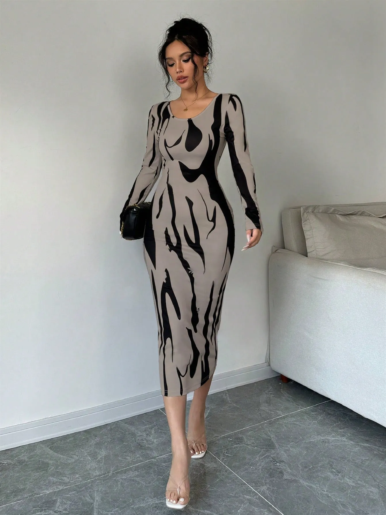 Asymmetrical Print Bodycon Long Sleeve Midi Dress For Women Maxi Women Outfit sold by Negative product image thumbnail 2