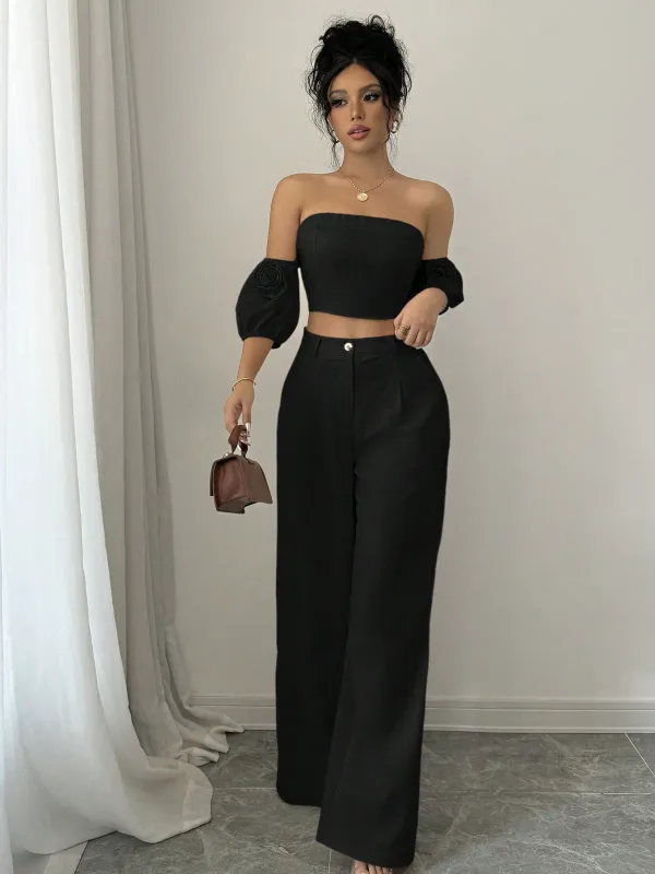 Women Solid Color Off-Shoulder Puff Sleeve Top & Wide Leg Pants 2pcs Fashionable Set sold by Negative