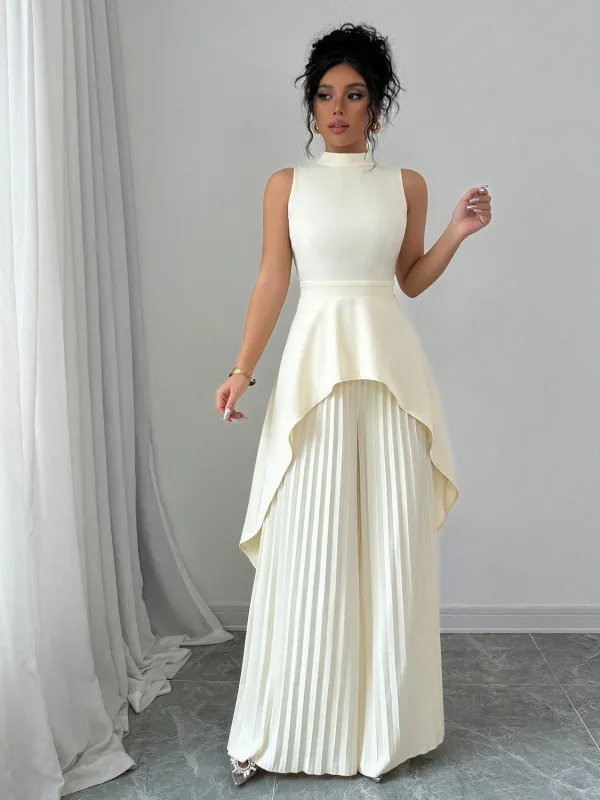 2pcs Solid Stand Collar Sleeveless High-Low Hem Top & Pleated Long Pants Set For Women made by Negative