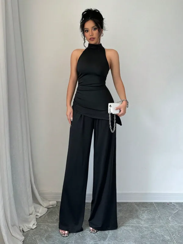 2pcs Set Solid Color Asymmetric Hem Sleeveless Top And Straight Leg Pants made by Negative