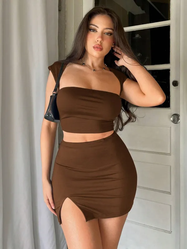 Crop Top + Mini Bodycon Slit Skirt Simple And Elegant Women 2-Piece Set made by Negative