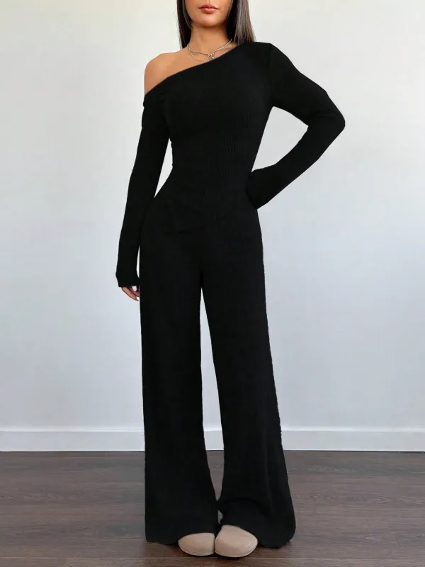 MOOSTA 2pcs/Set Women Plush Asymmetrical Asymmetrical Neck T-Shirt & Wide-Leg Pants Casual made by Negative