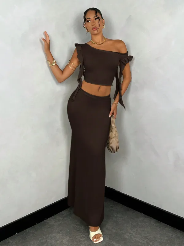 BAE Summer Solid Color Asymmetrical Neck Ruffle Top + Satin Mermaid Skirt made by Negative