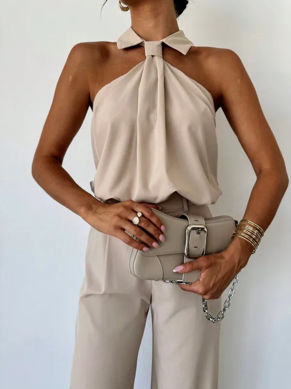 2pcs Women's Elegant Fashion Commuting Ruffle Collar Tank Top And High Waist Wide Leg Pants Set Office Wear sold by Negative