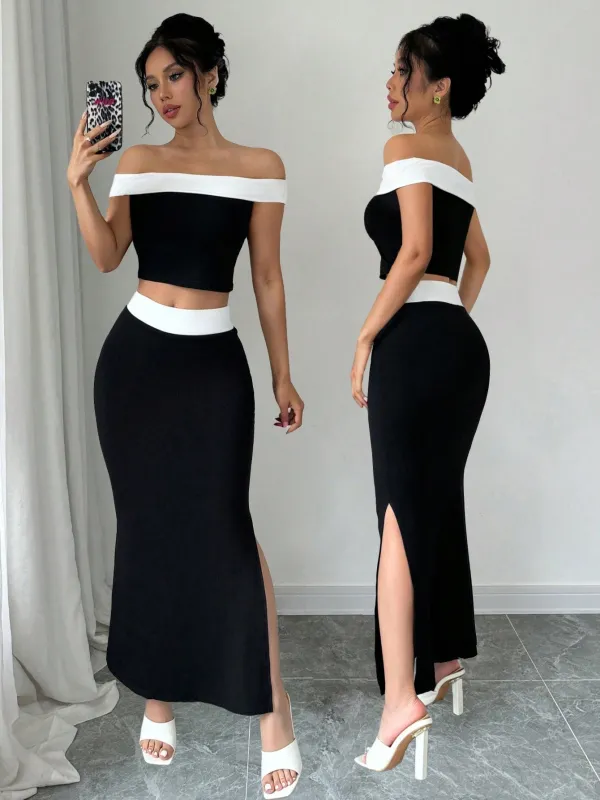 2pcs/Set Black And White Contrast Color Knit Elastic Top And Skirt Set, Off-Shoulder Top + Mini Skirt made by Negative
