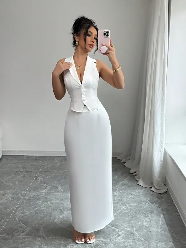 Women's V-Neck Blazer Collar Faux Pocket Elegant Slim-Fit Sheath Dress 2 Pieces Set, Office Wear, Spring/Summer sold by Negative