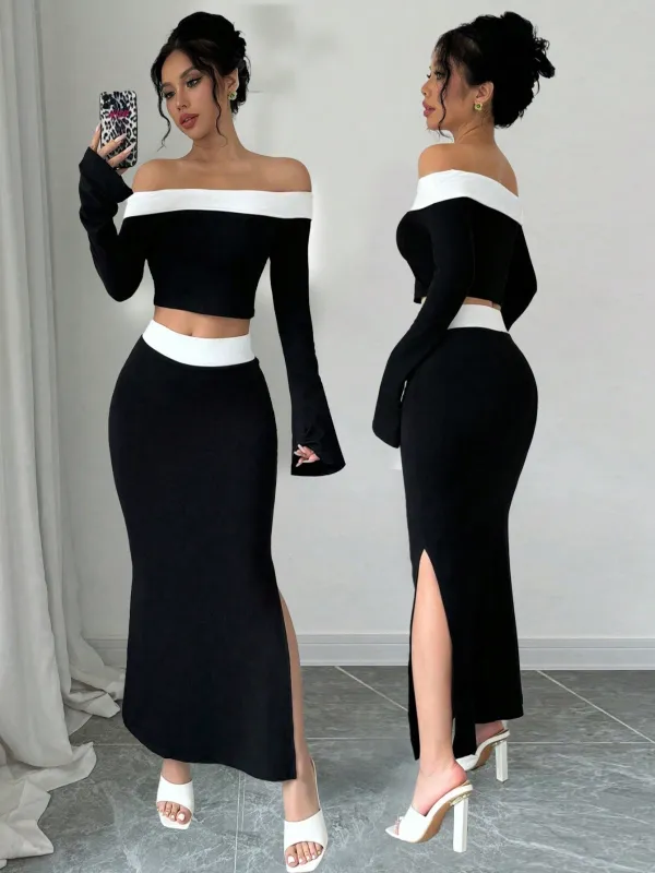 Spring/Summer Elegant Color Block Off Shoulder Cropped T-Shirt + Side Slit Fish Tail Skirt Outfit Set made by Negative