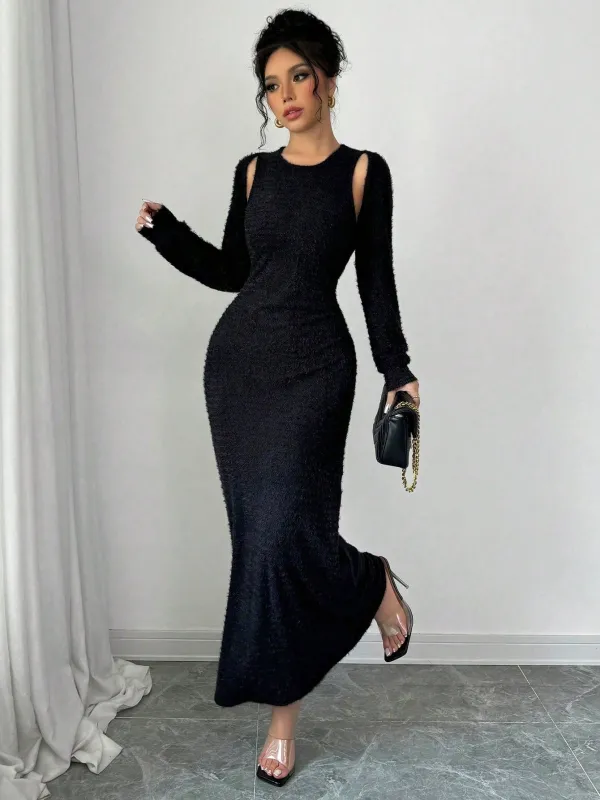 2pcs/Set Women Elegant Solid Color Mermaid Sleeveless Long Dress & Shawl Collar Top sold by Negative