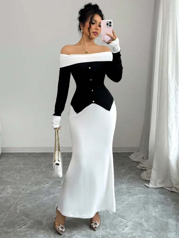 2pcs Women's Black And White Contrast Color Block Design Elegant Off Shoulder Long Sleeve Knit Sweater Top And Fitted Solid Color Mini Skirt Set, Spring/Autumn made by Negative