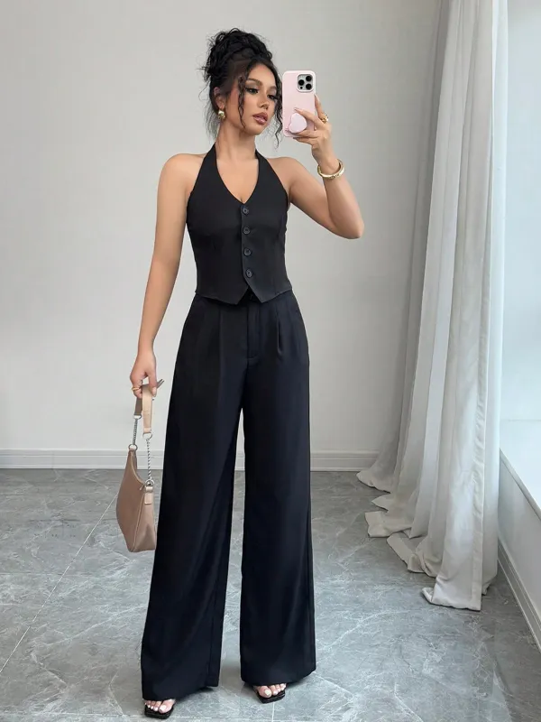 Women's Solid Color Front Button Up Backless Halter Top And Pants Two Piece Set sold by Negative