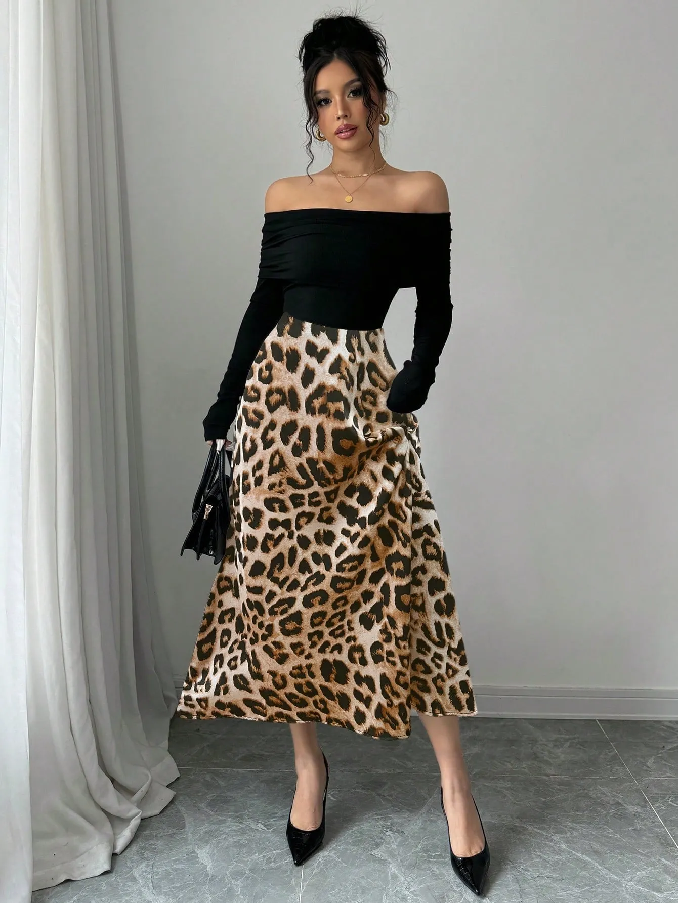 Elegant Knitted Off Shoulder Ribbed Top + Women Graceful Casual Versatile Leopard Print Satin Skirt sold by Negative product image thumbnail 4