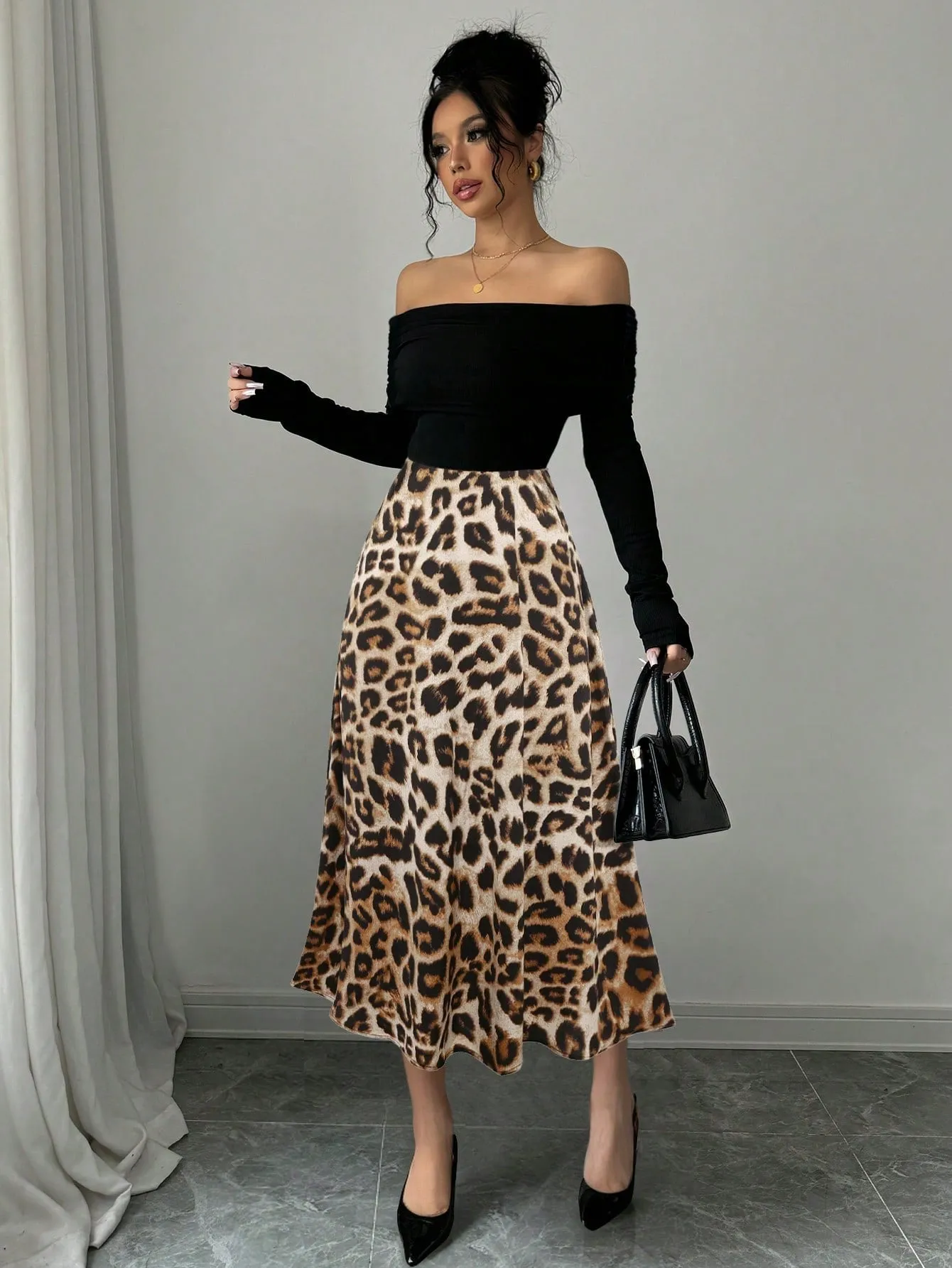 Elegant Knitted Off Shoulder Ribbed Top + Women Graceful Casual Versatile Leopard Print Satin Skirt sold by Negative product image thumbnail 5
