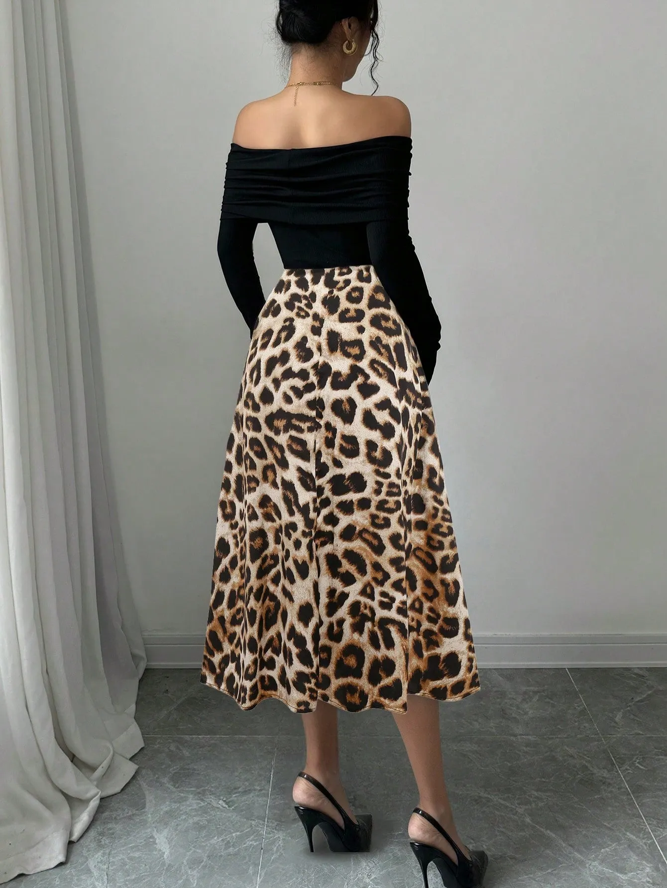 Elegant Knitted Off Shoulder Ribbed Top + Women Graceful Casual Versatile Leopard Print Satin Skirt sold by Negative product image thumbnail 2