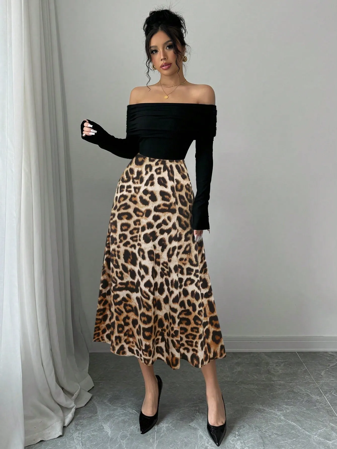 Elegant Knitted Off Shoulder Ribbed Top + Women Graceful Casual Versatile Leopard Print Satin Skirt sold by Negative