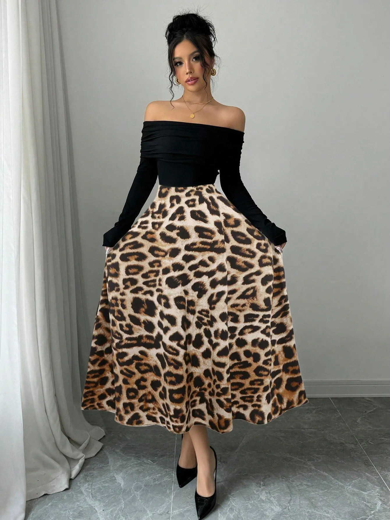 Elegant Knitted Off Shoulder Ribbed Top + Women Graceful Casual Versatile Leopard Print Satin Skirt sold by Negative product image thumbnail 3
