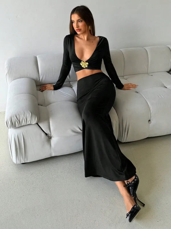 Women's Elegant Sxy Black Deep V Fitted Metallic Flower Long Sleeve Tops And Ultra Low Waist Fitted Extra Long Mermaid Skirt 2 Piece Set made by Negative