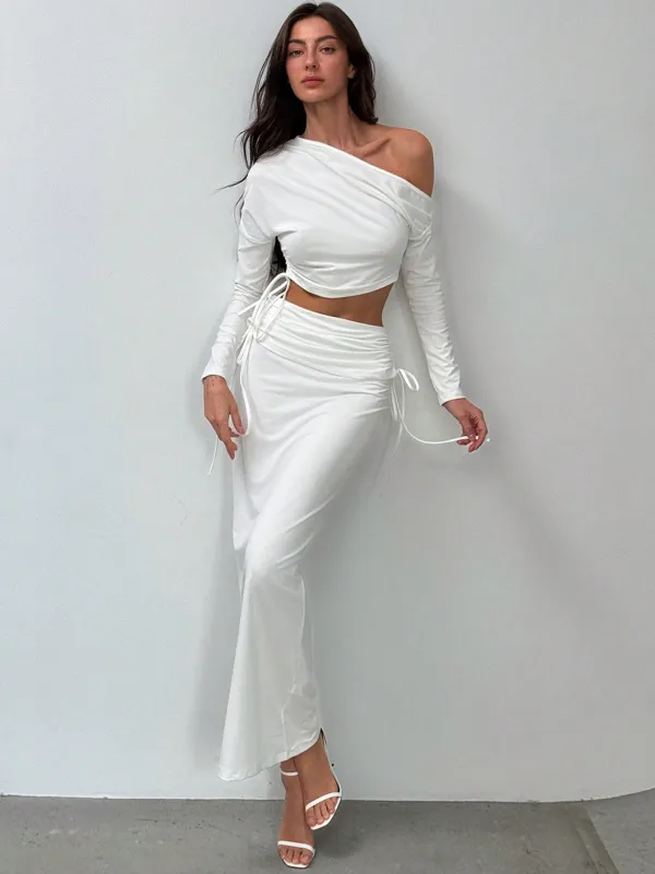Romantic Minimalist Asymmetric Long Sleeve Ruched Slim Fit Crop Top + Drawstring Waist Maxi Skirt made by Negative