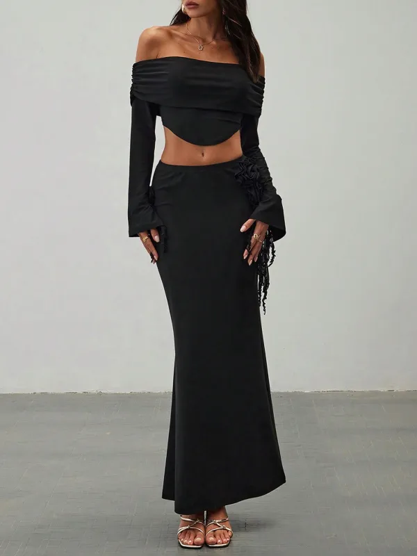 Women's Elegant Sxy Asymmetrical Top And Low Waist Bodycon Skirt Sets With 3D Flowers made by Negative