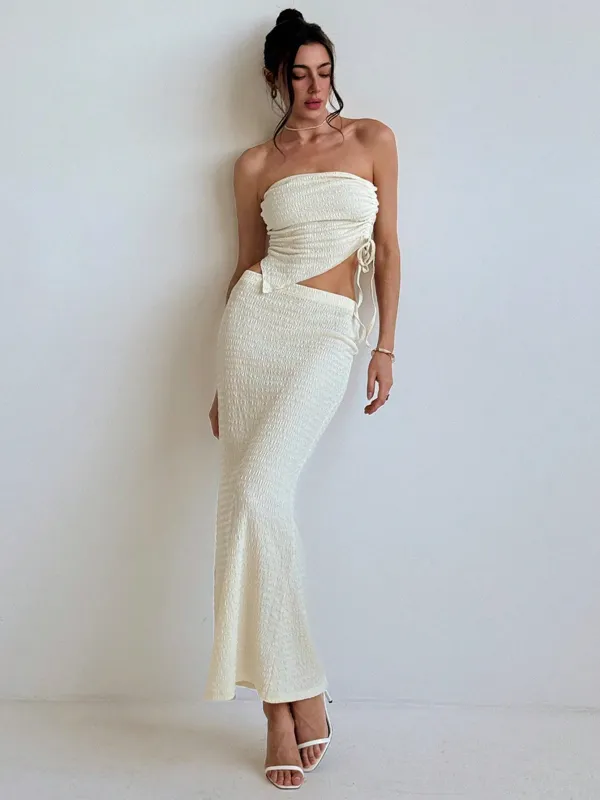 Young And Simple Commuting Style Apricot-Colored Texture Fabric Tight-Fitting Strapless Top With Cinched Waist And Asymmetrical Hem + Low Waist Long Fish Tail Women's 2-Piece Set made by Negative