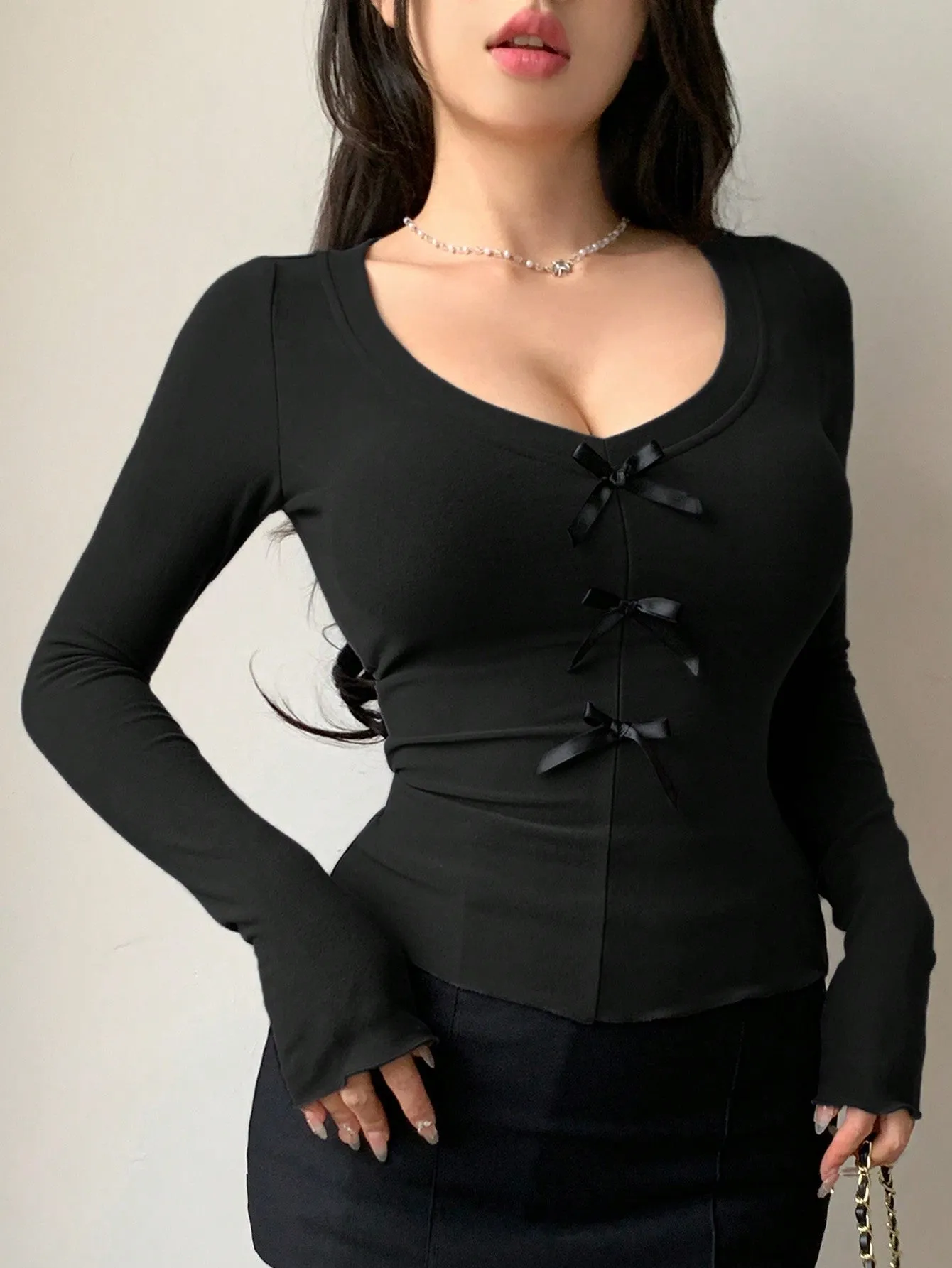 Women's Solid Color Bow Decor V-Neck Long Sleeve Slim Fit T-Shirt sold by Negative product image thumbnail 2