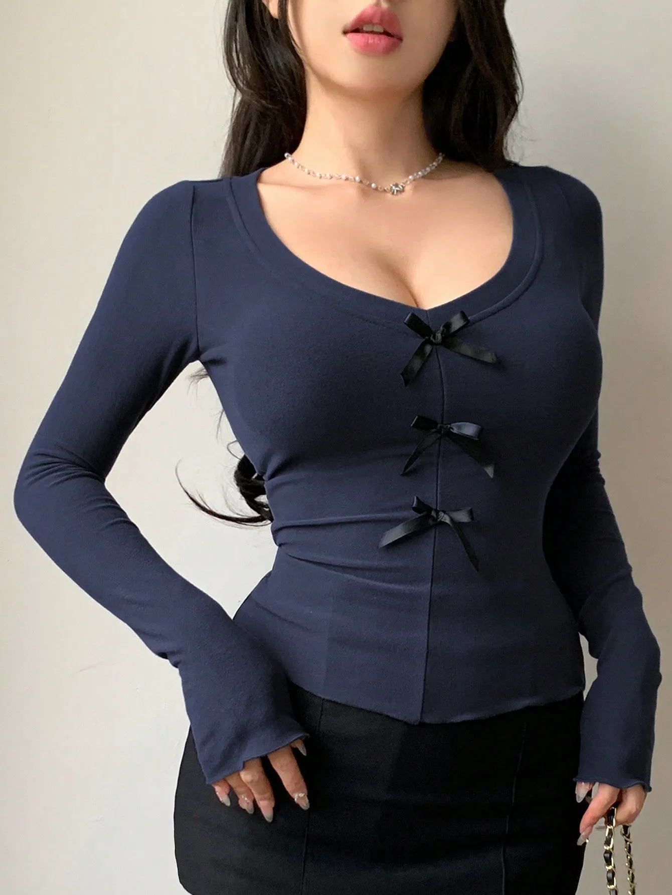 Women's Solid Color Bow Decor V-Neck Long Sleeve Slim Fit T-Shirt sold by Negative product image thumbnail 5