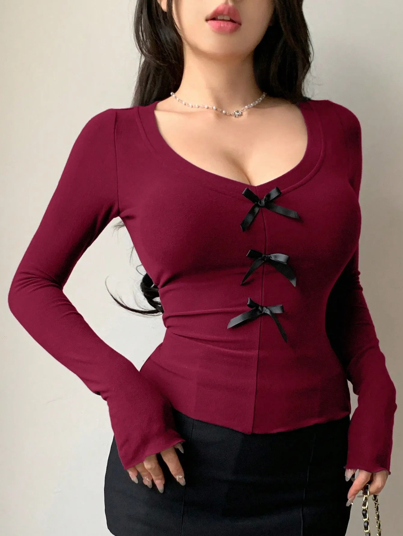 Women's Solid Color Bow Decor V-Neck Long Sleeve Slim Fit T-Shirt sold by Negative product image thumbnail 3