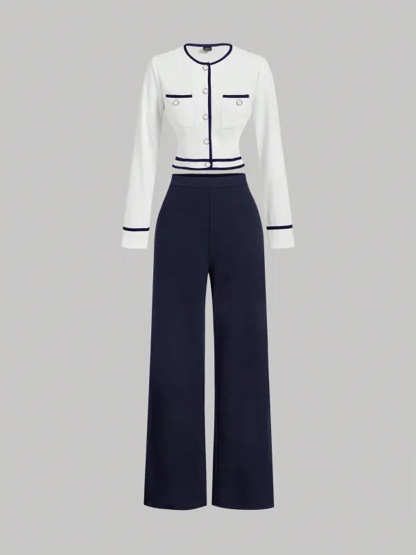 MOD Women's Round Neck Contrast Trim Long Sleeve Top And Straight Leg Casual Pants Suit made by Negative