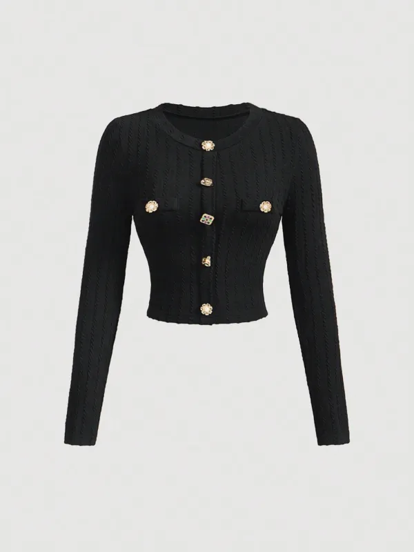 MOD Black Elegant Round Neck Metal Button Bell Sleeve T-Shirt Spring made by Negative