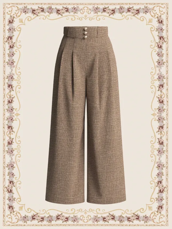 Vintage Elegant Women's Wide-Leg Pants With Floral Waistband Decorated With Button, Brown, For Casual And Commuting Old Money Style Business Women Clothes Teacher Pants Teacher Clothes Dress Pants Wide Leg Pants Women Pants Fall Outfits Work Women Clothes sold by Negative