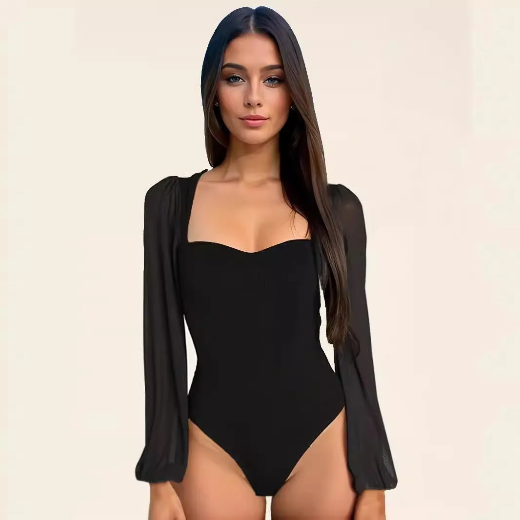 Splicing mesh lantern sleeve jumpsuit female bodysuit sold by Negative product image thumbnail 2