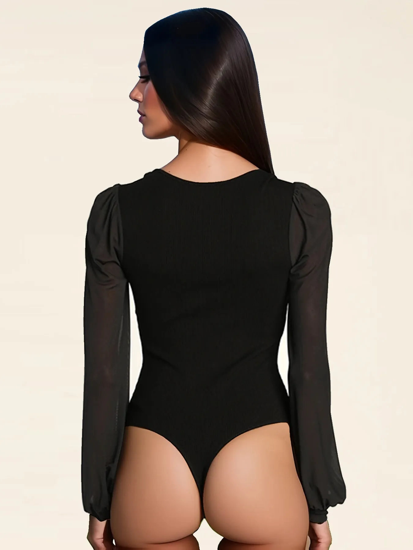 Splicing mesh lantern sleeve jumpsuit female bodysuit sold by Negative product image thumbnail 4