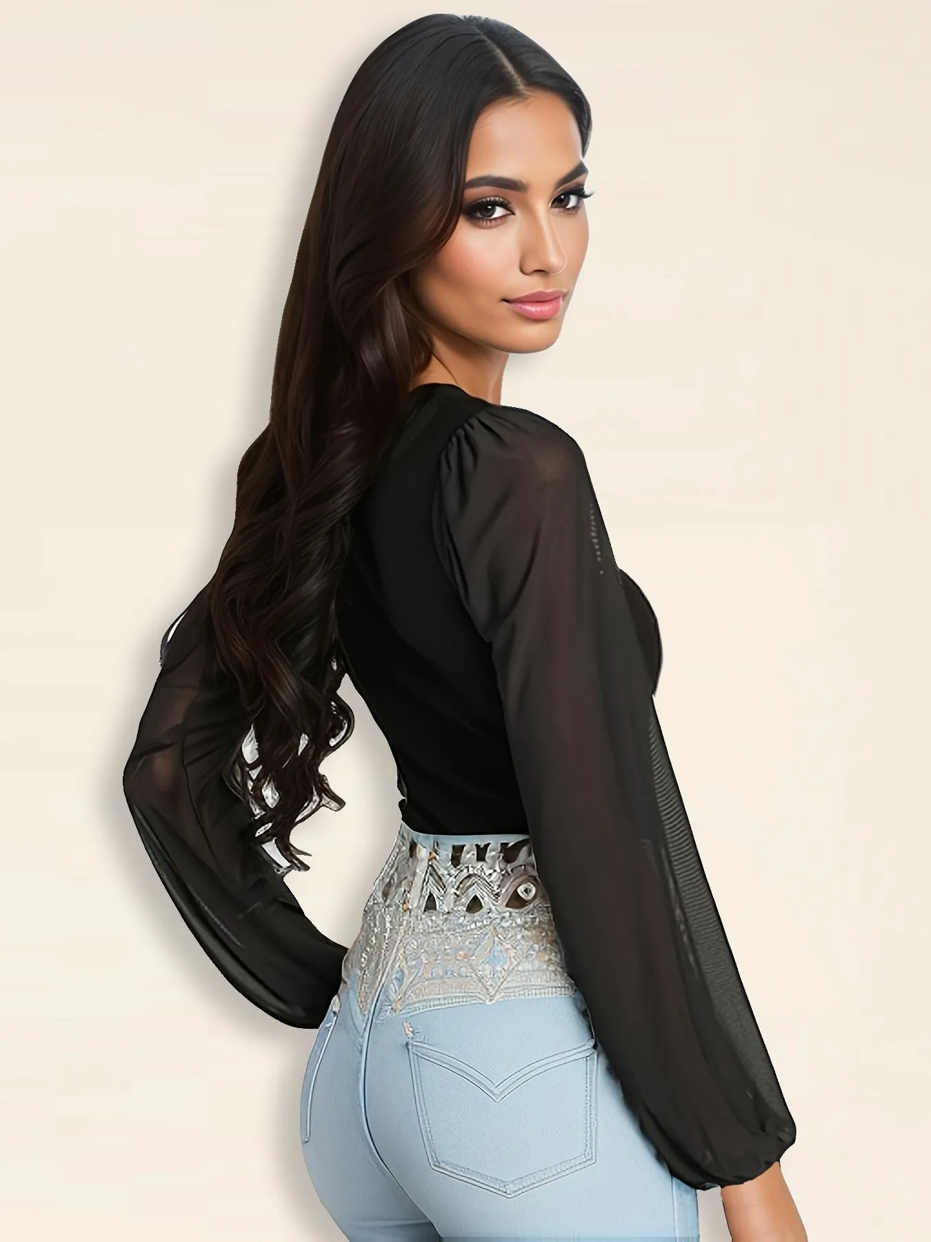 Splicing mesh lantern sleeve jumpsuit female bodysuit sold by Negative product image thumbnail 5