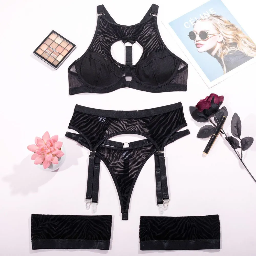 Women mesh see-through erotic lingerie with garters and steel rings for body shaping split three-piece suit sold by Negative product image thumbnail 3