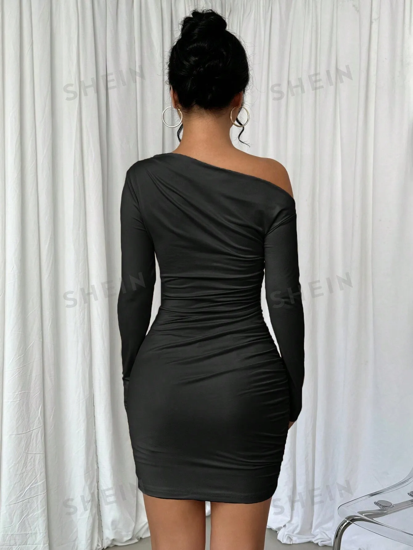 Elenzya Asymmetrical Shoulder Ruffle Long Sleeve Elastic Waist Short Casual Dress sold by Negative product image thumbnail 4