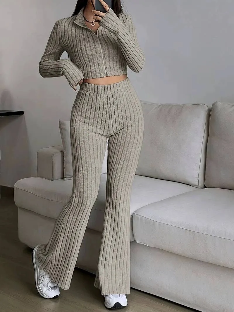 The Sleek Flow | Solid Black Rib-Knit Crop Tee & Flare Pants Set sold by Negative product image thumbnail 5