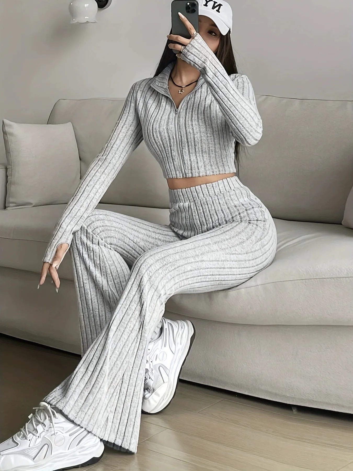 The Sleek Flow | Solid Black Rib-Knit Crop Tee & Flare Pants Set sold by Negative product image thumbnail 3
