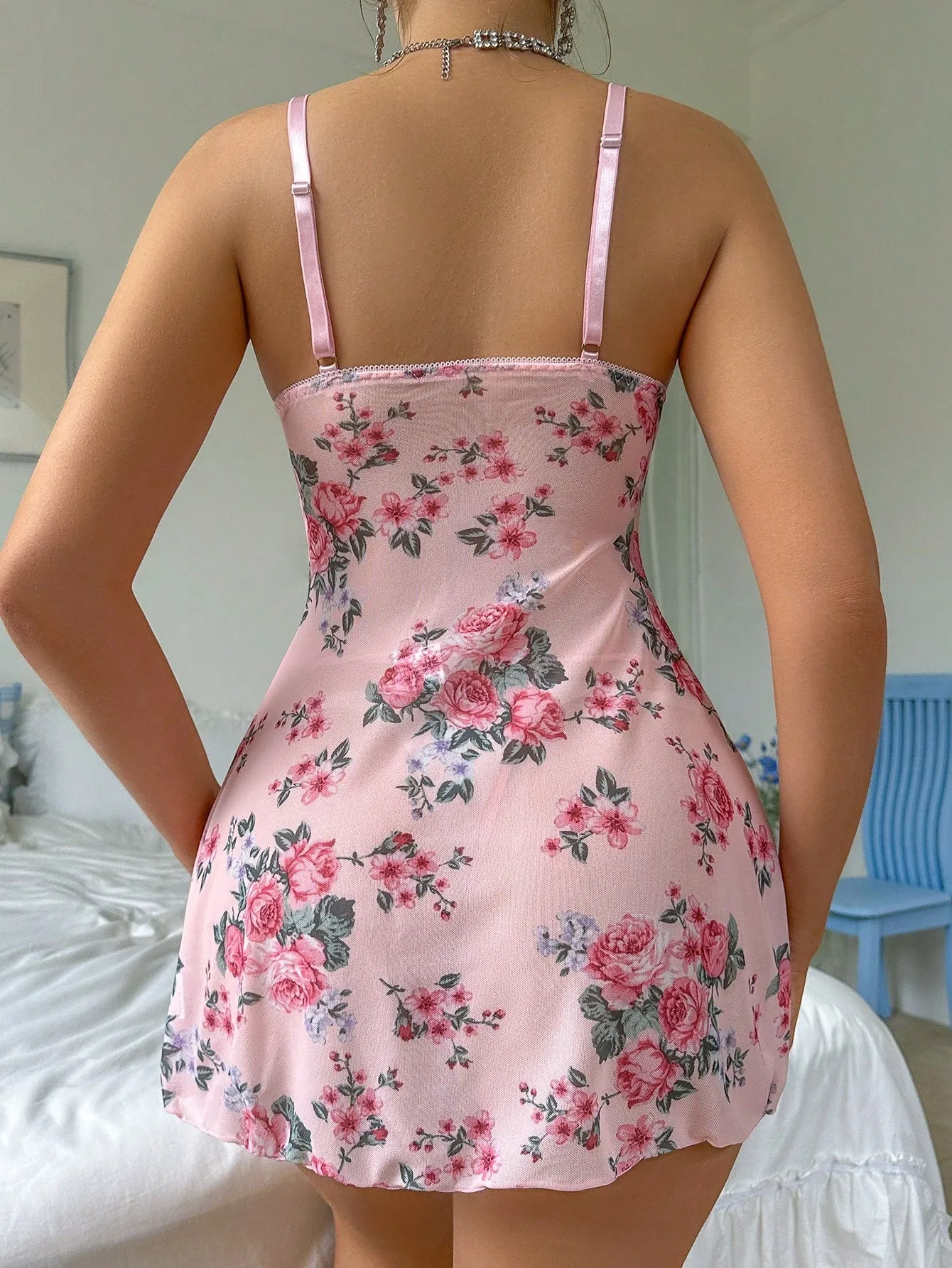 Floral Desire | Lace Spliced Cami Nightdress with Thong Pink sold by Negative product image thumbnail 3