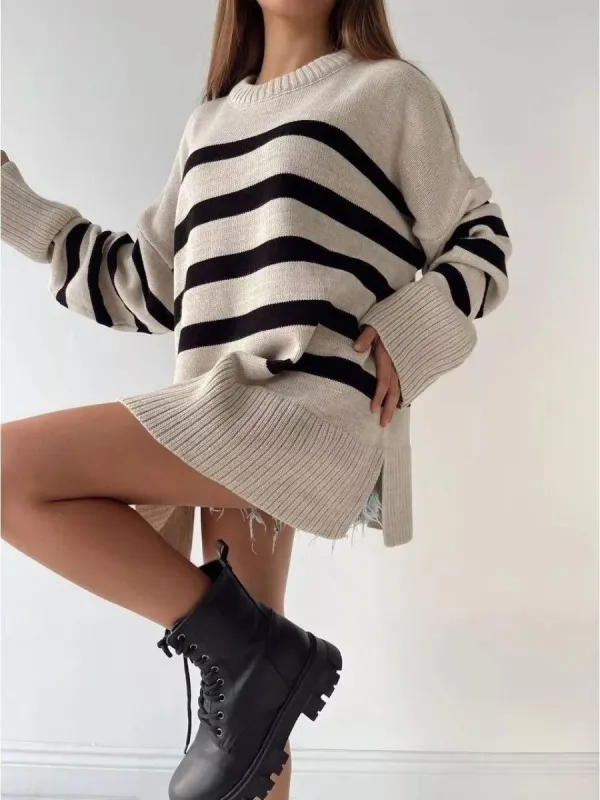 The Cozy Stripe | Women's Loose Round Neck Striped Knit Sweater sold by Negative