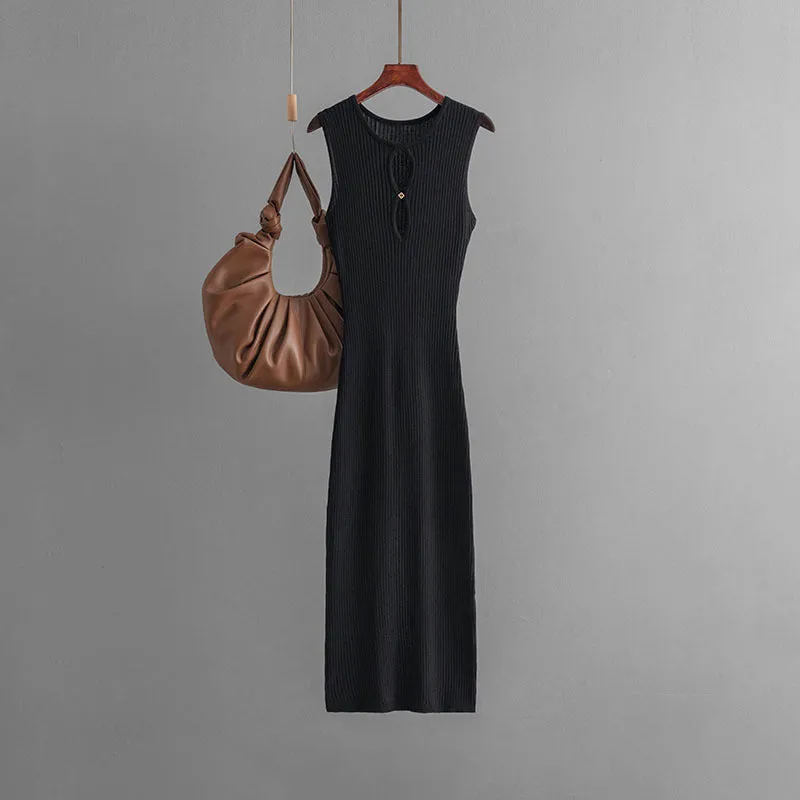 The Vivenza Glow | Solid Color Hollow Knitted Sleeveless Maxi Dress sold by Negative