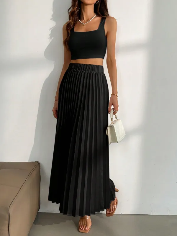 Privé 2pcs Women's White Camisole Top And A-Line Pleated Long Skirt Set made by Negative