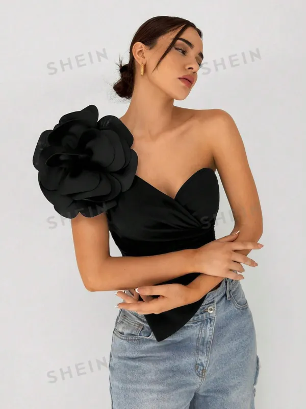 Women's Elegant One Shoulder 3D Flower Decorated Asymmetric Hem Black Top sold by Negative