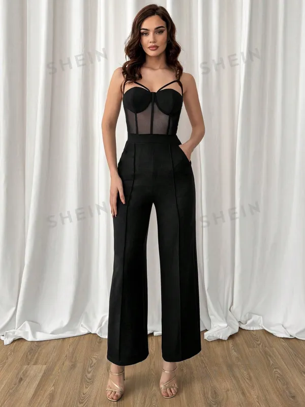 Black Splicing Mesh Corset Spaghetti Strap Jumpsuit made by Negative