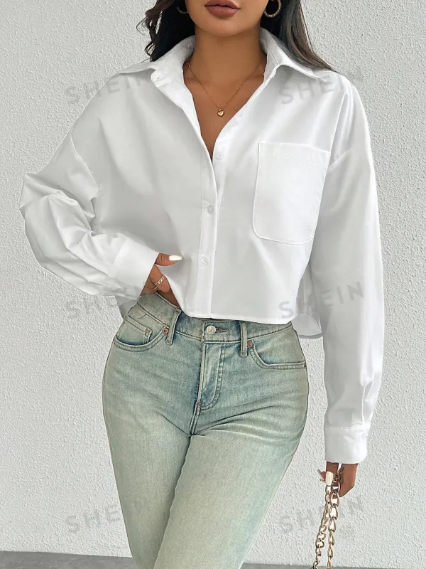 Essnce Women's Spring/Summer Solid Color Loose Fit Drop Shoulder Long Sleeve Cropped Casual Shirt With Pocket made by Negative
