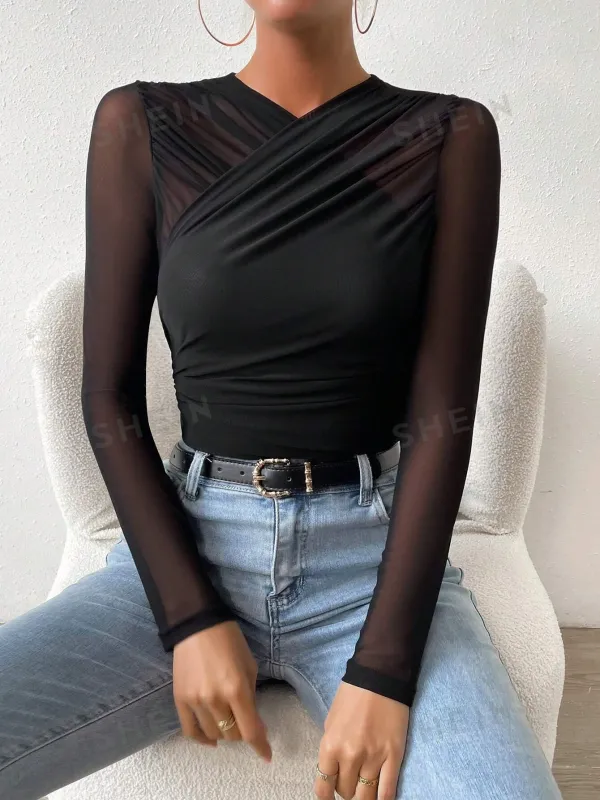 BAE Contrast Mesh Wrap Cross Top sold by Negative