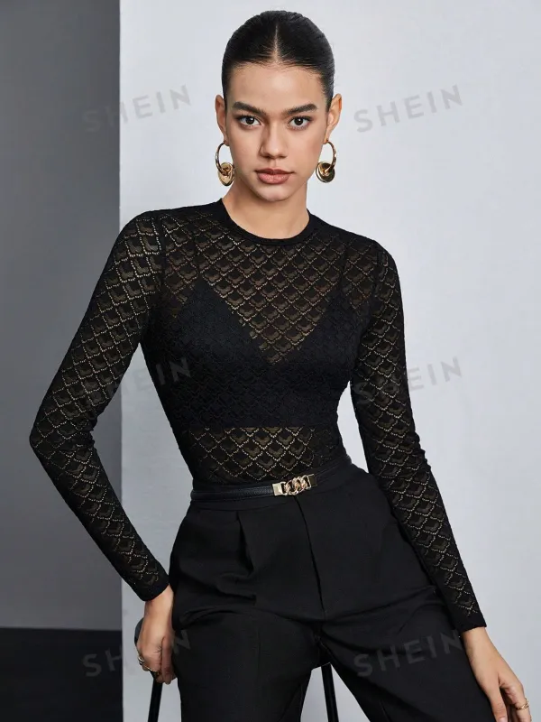 BIZwear Black Ladies' Round Neck Hollow Out Lace Top With Elasticity sold by Negative