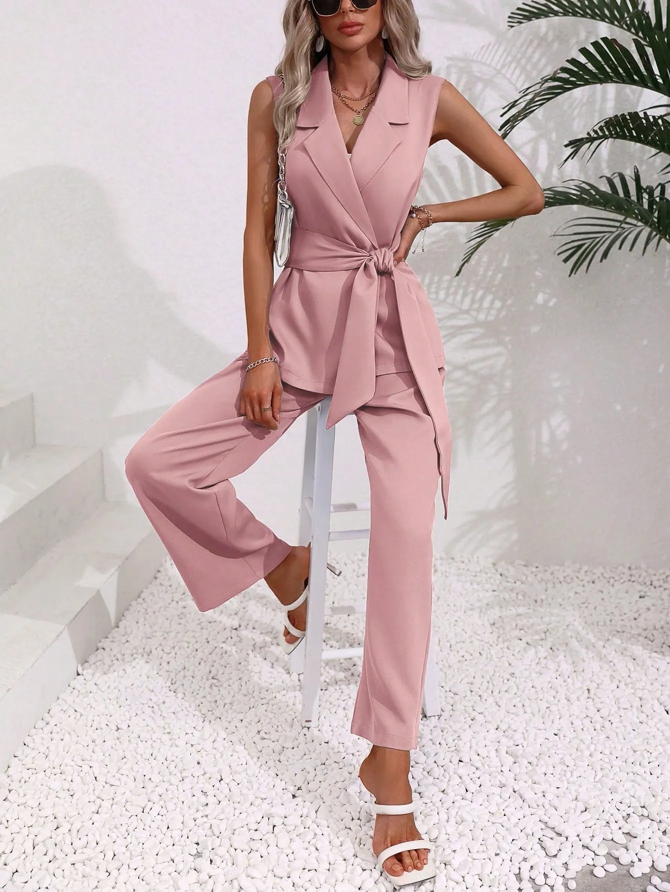 Clasi Solid Belted Vest Blazer & Pants sold by Negative product image thumbnail 3