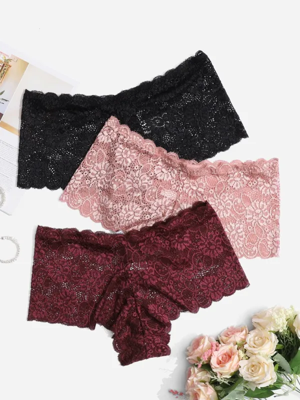 Plus 3pack Floral Lace Scallop Trim Panty made by Negative