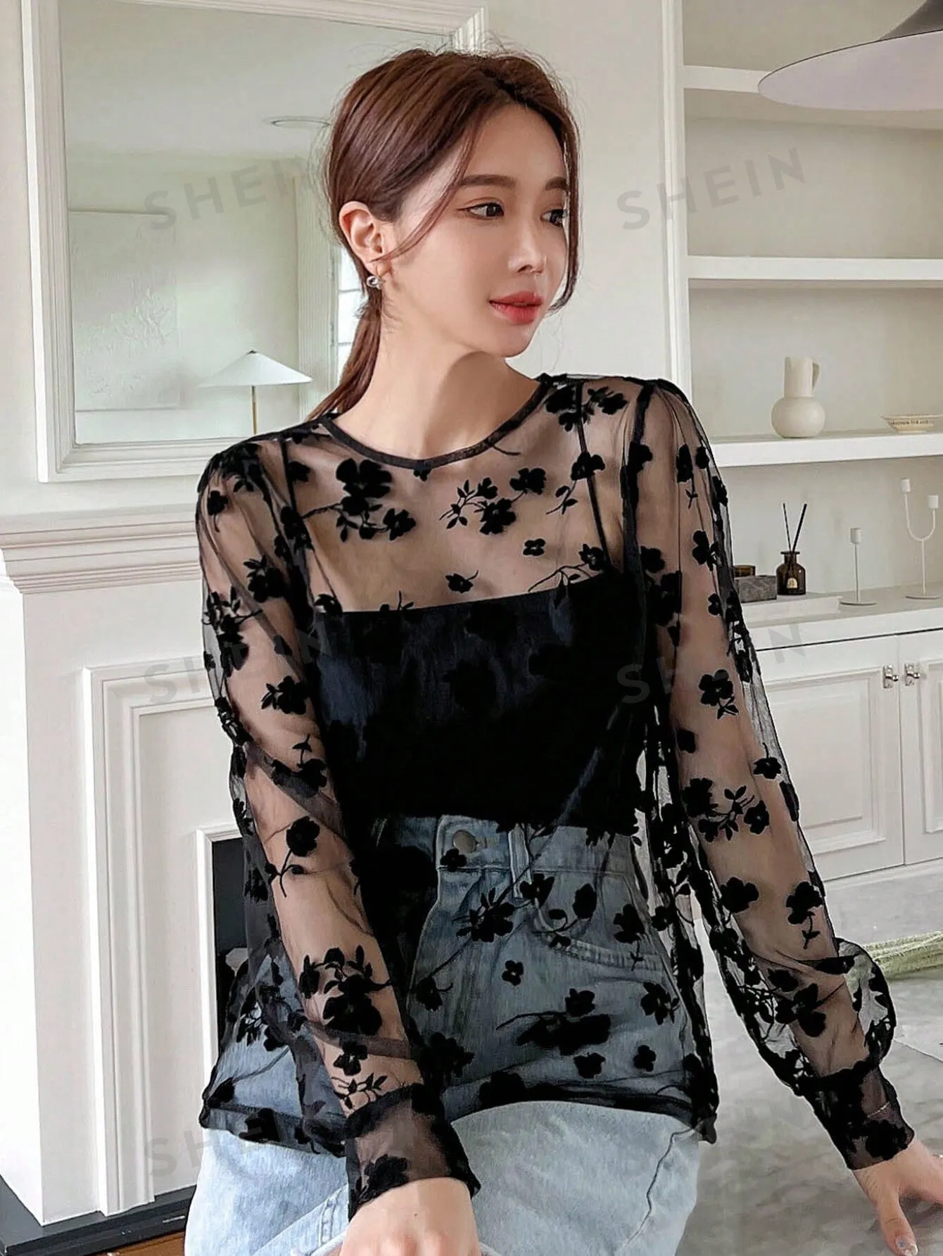 Floral Embroidery Mesh Top Without Cami Top sold by Negative product image thumbnail 4